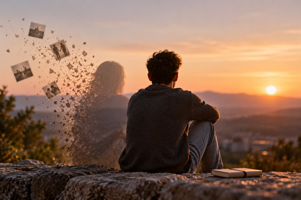 Ilustración del duelo amoroso tras una ruptura de pareja: una persona contempla el atardecer mientras los recuerdos de su relación se desvanecen, simbolizando la pérdida y la adaptación emocional.